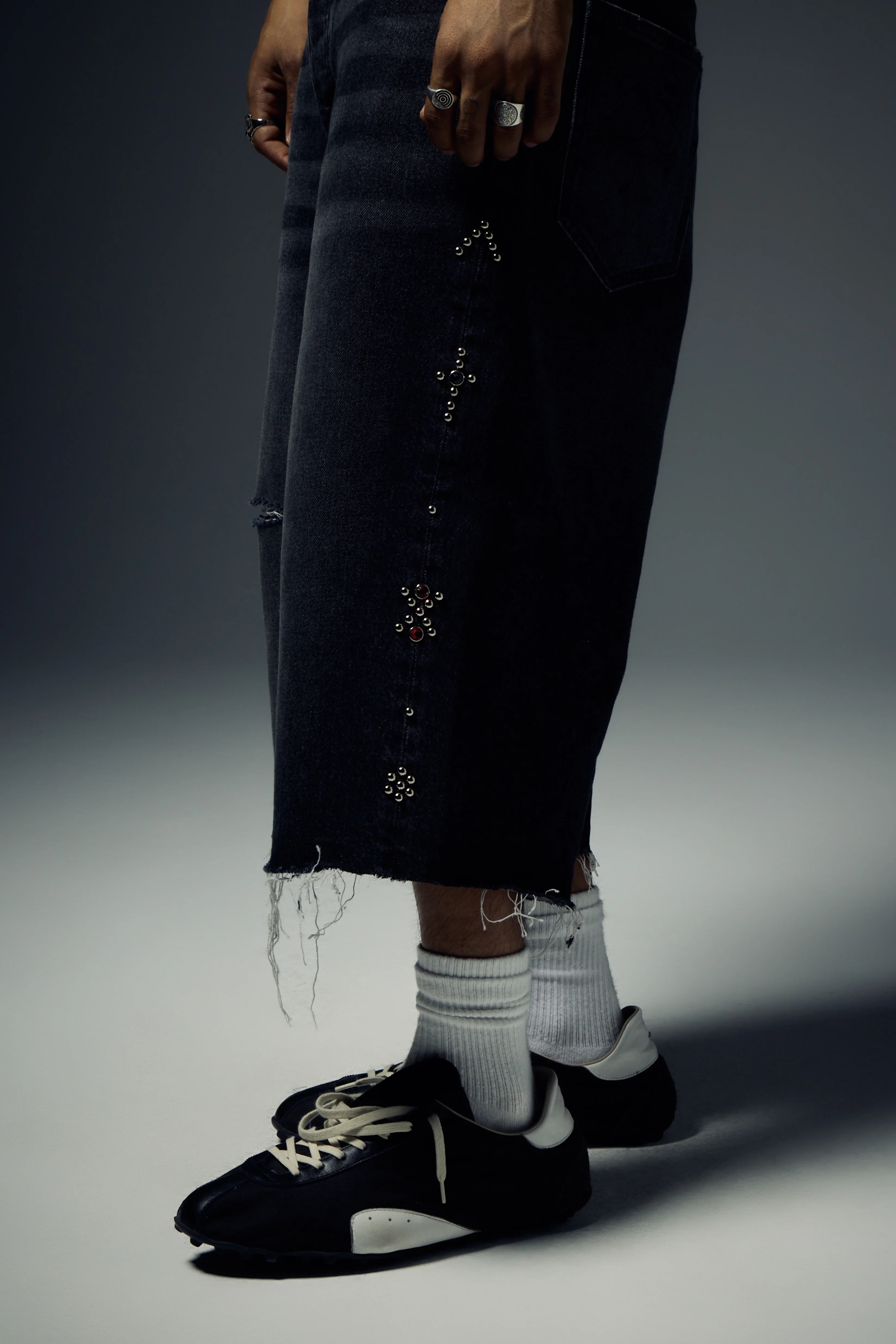Prayer Studded Baggy Denim Short - Black - Image 3
