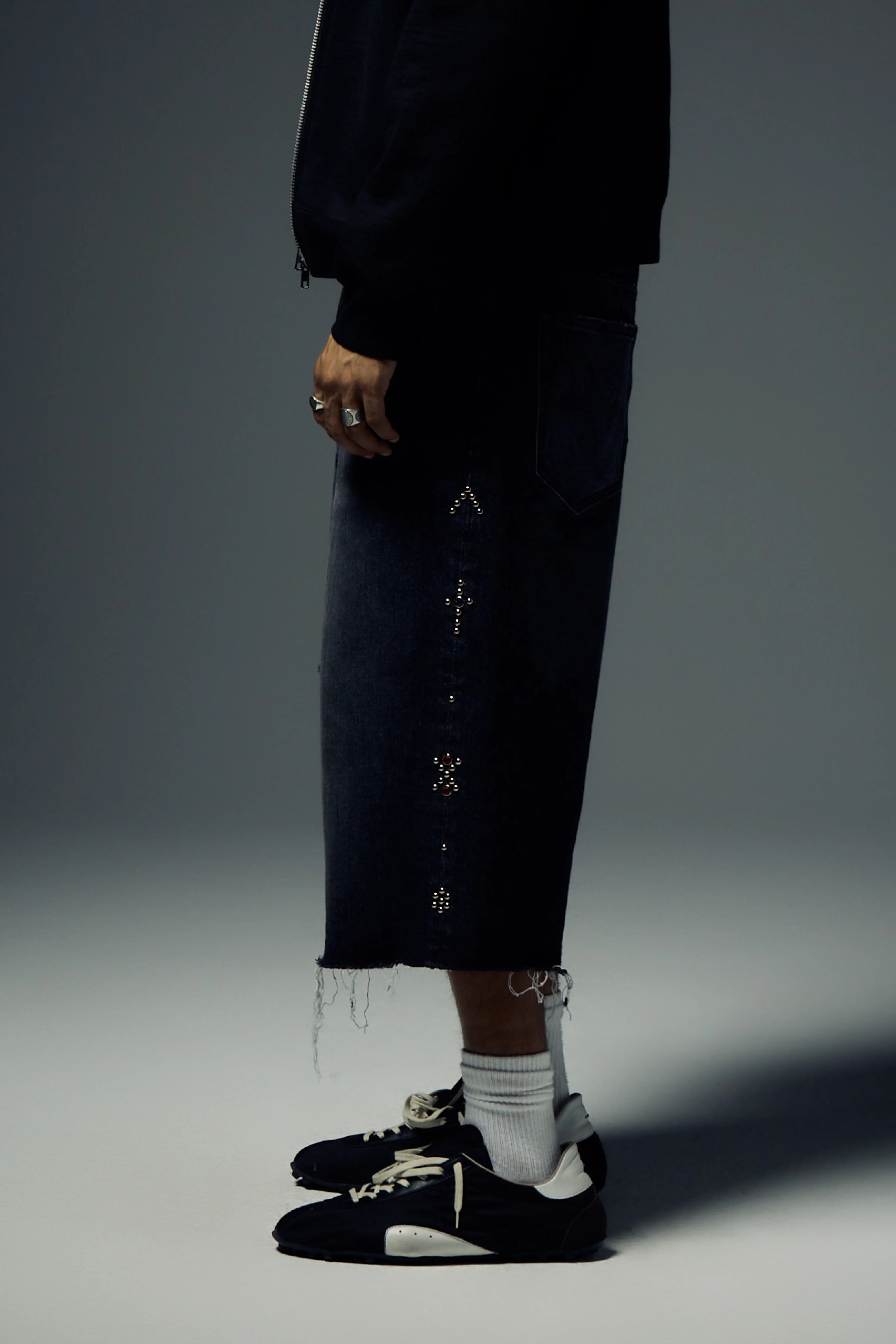 Prayer Studded Baggy Denim Short - Black - Image 5