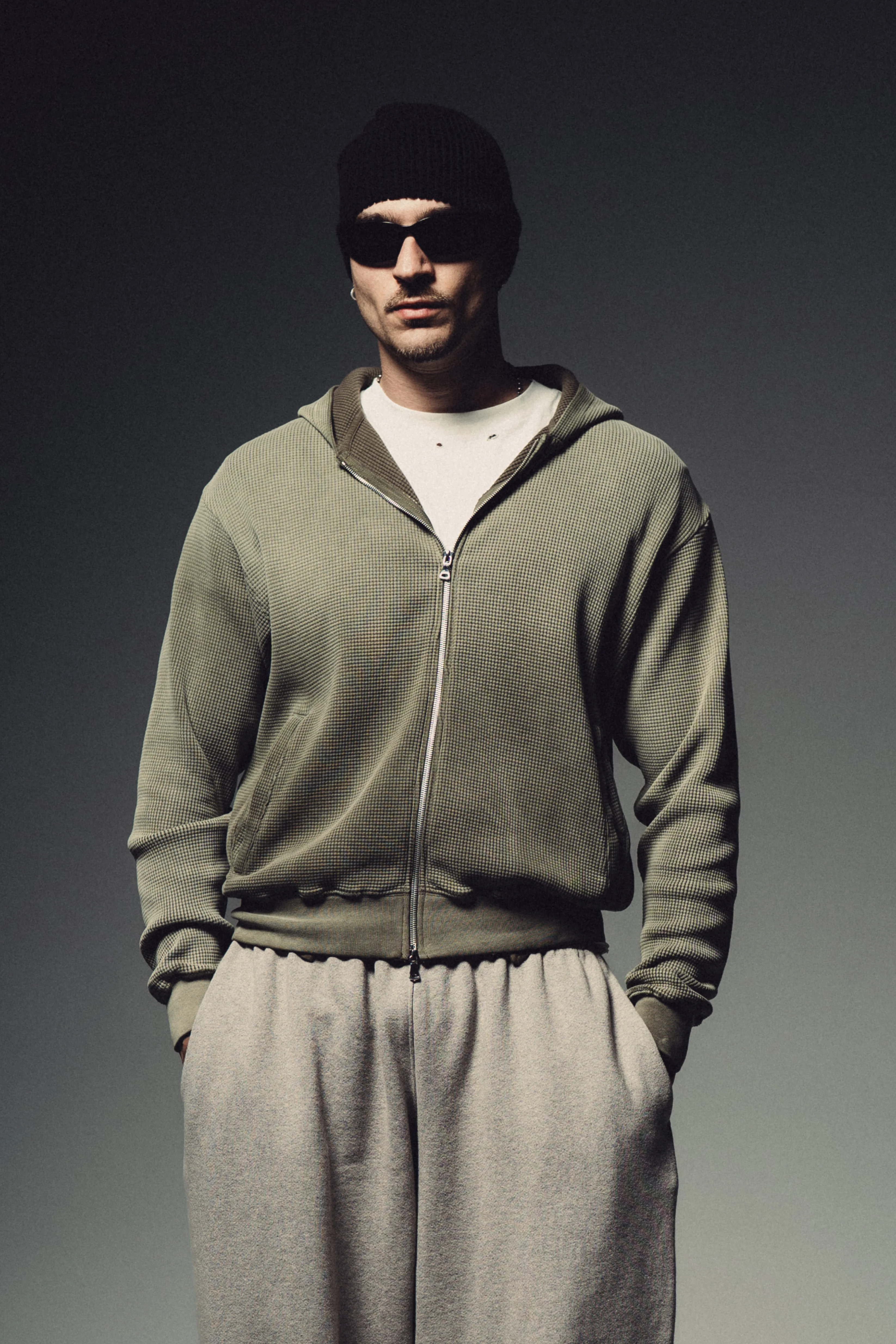 Waffle Zip Hoodie - Army Green - Image 4
