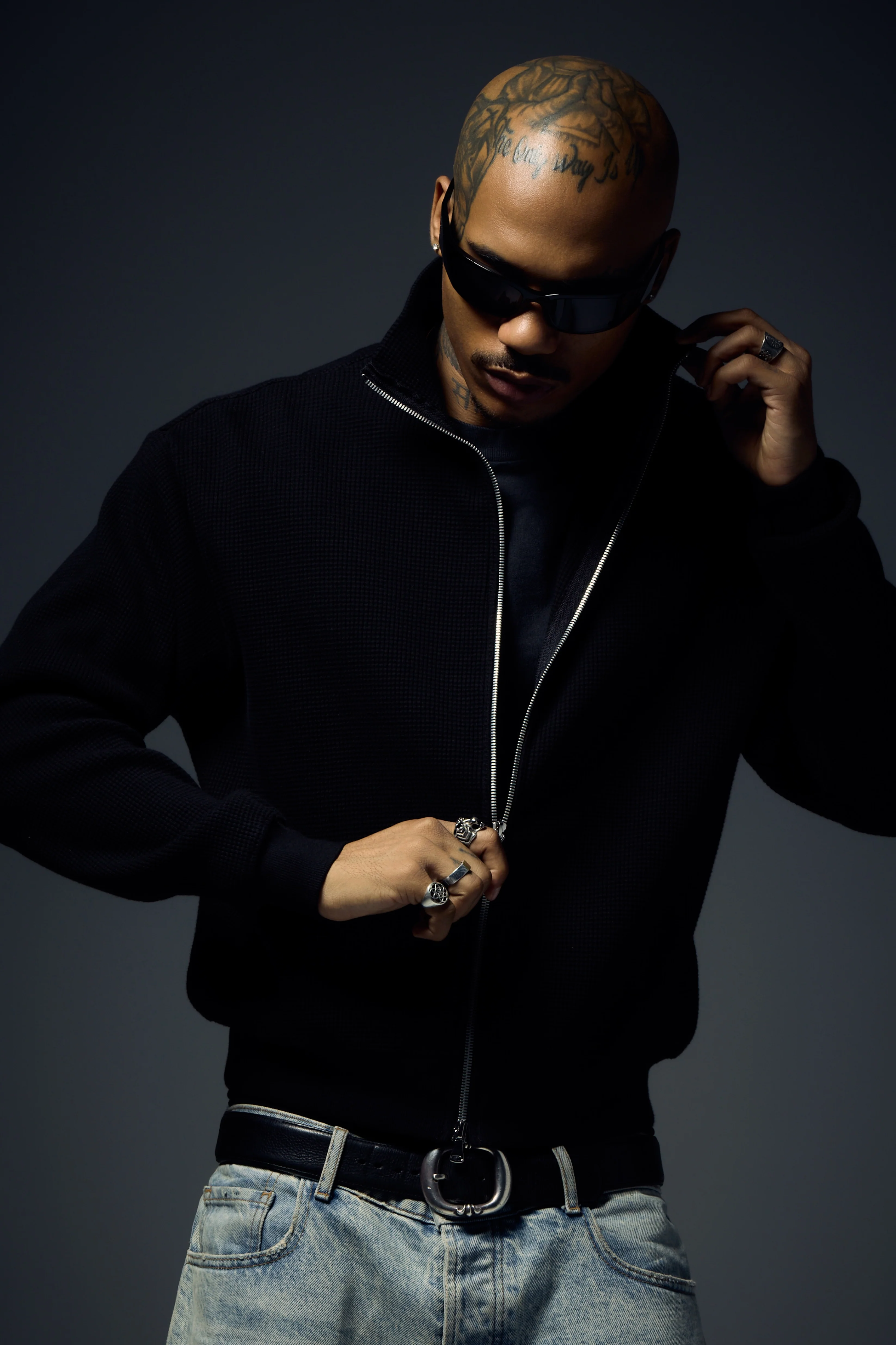 Waffle Zip Up Track Jacket - Black - Image 3