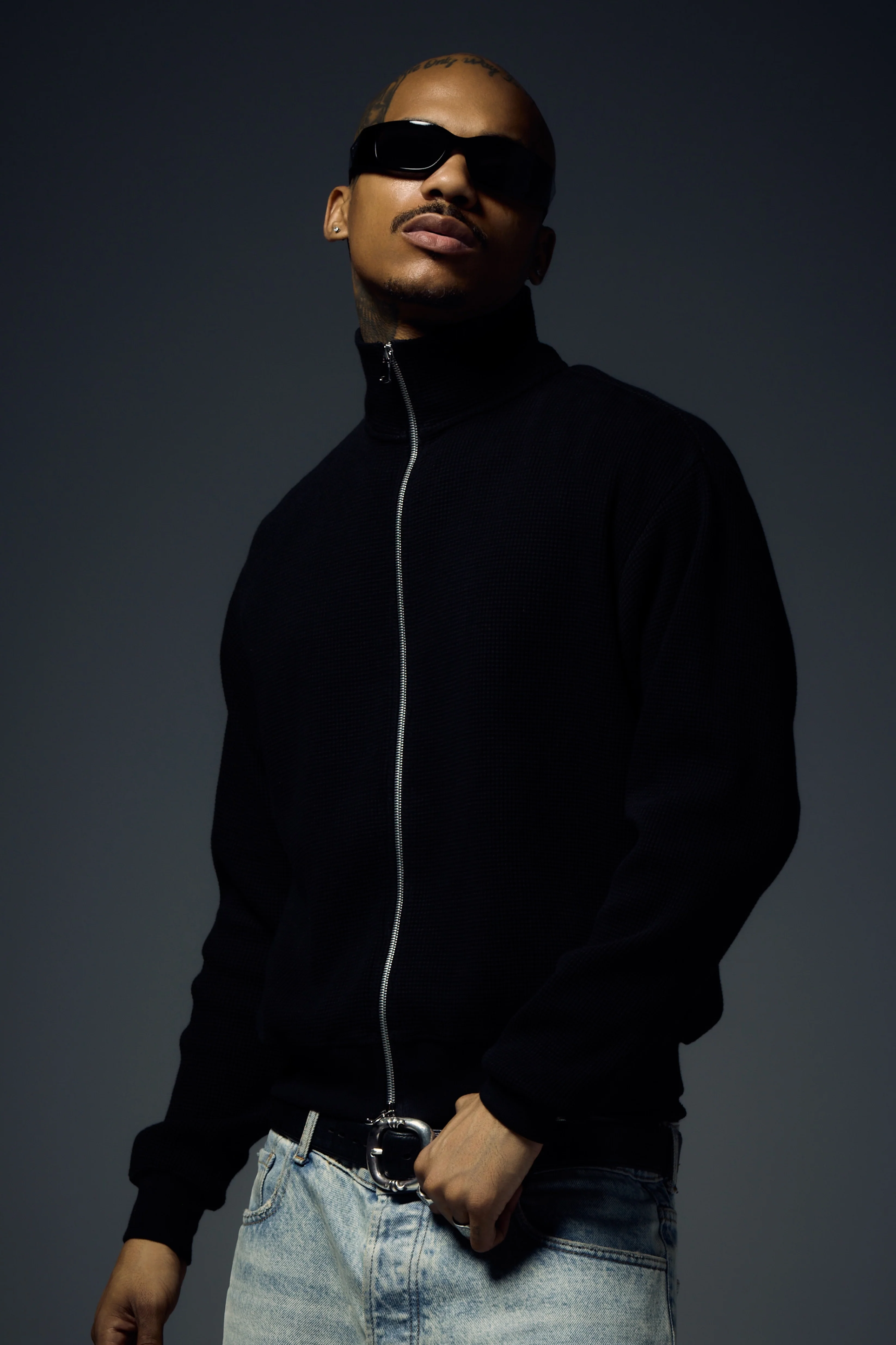 Waffle Zip Up Track Jacket - Black - Image 4